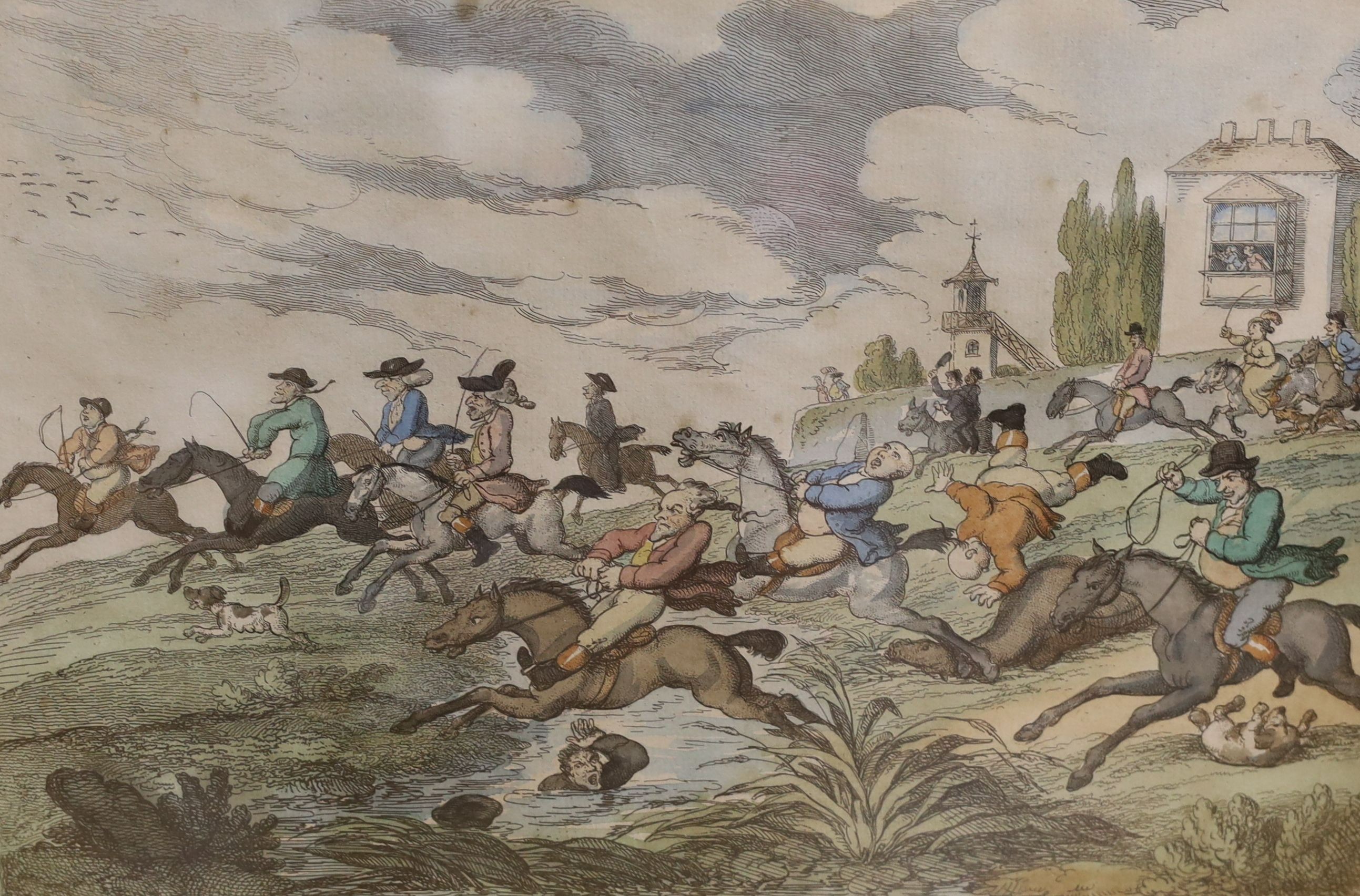 Rowlandson after Bunbury, hand coloured engraving, 'The City Hunt', 24 x 35cm, and an engraving after Gillray, 'Matrimonial Harmonics', 24 x 36cm